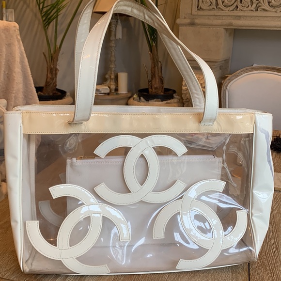 CHANEL Beach🏝️Clear Vinyl Triple CC Logo Transparent XL Shoulder Beach Tote Bag - Picture 4 of 16